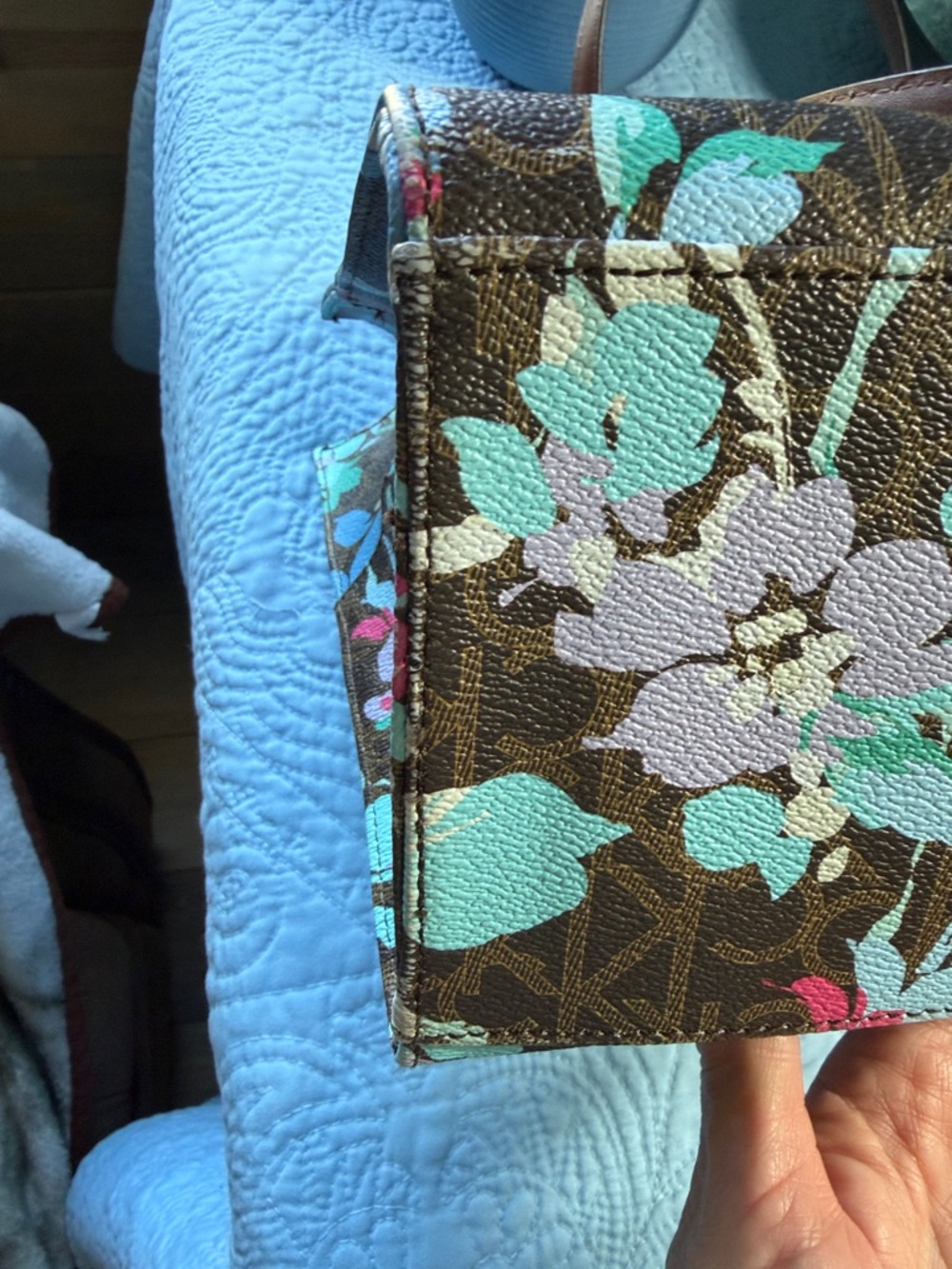 Calvin Klein Brown Floral Canvas Tote with Aqua and Light Blue Accents 13x9 - Picture 11 of 12